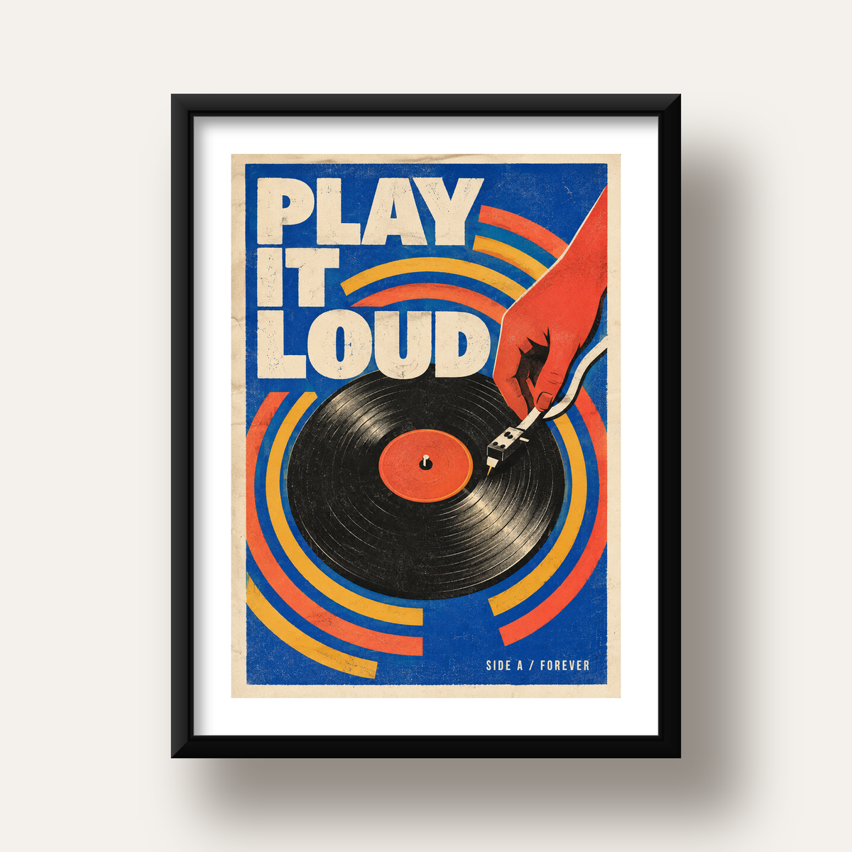 PLAY IT LOUD Retro Vinil Plak & Müzik Temalı Poster — siyah derin çerçeveli paspartulu