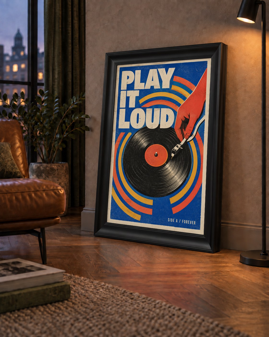 PLAY IT LOUD Retro Vinil Plak & Müzik Temalı Poster — çerçeveli hâliyle bir ev duvarında