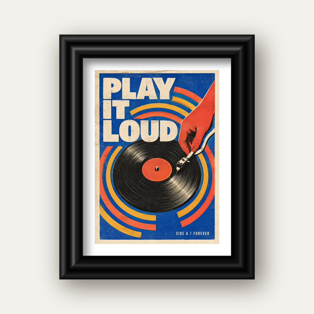 PLAY IT LOUD Retro Vinil Plak & Müzik Temalı Poster — siyah galeri çerçeveli paspartulu