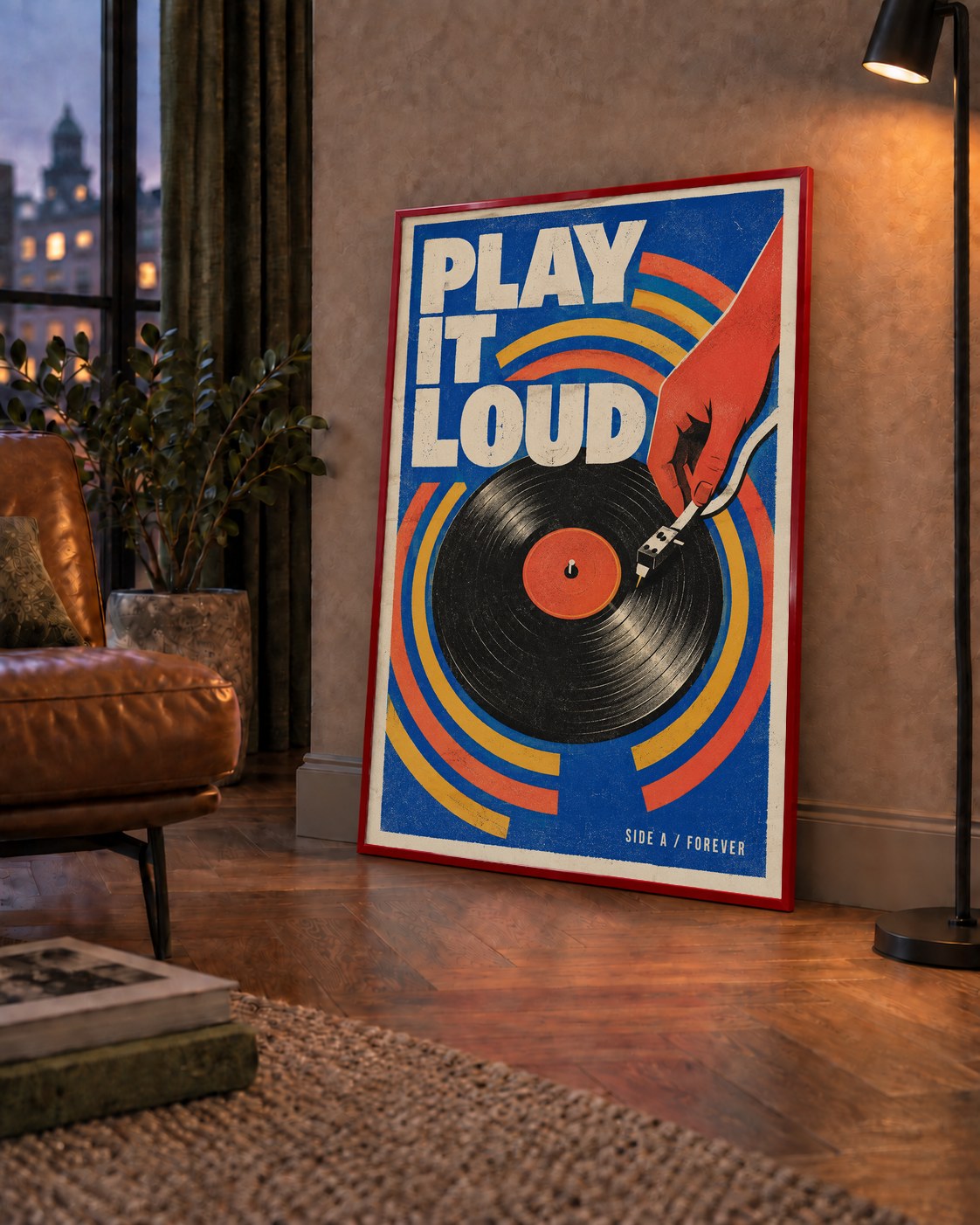 PLAY IT LOUD Retro Vinil Plak & Müzik Temalı Poster — çerçeveli hâliyle bir ev duvarında