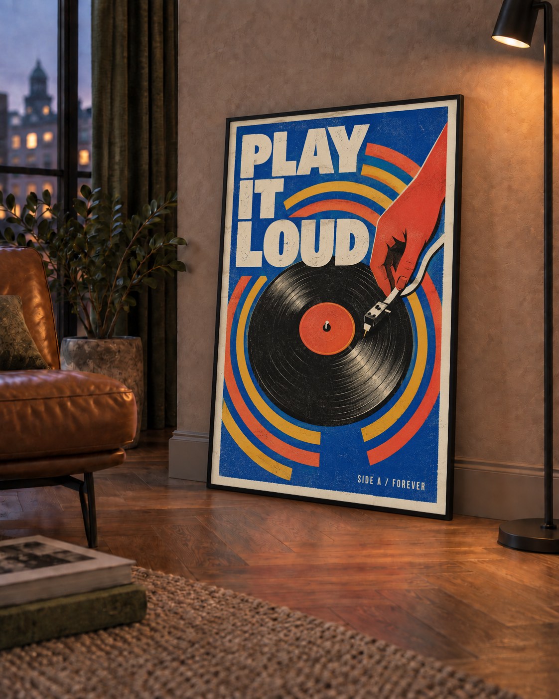 PLAY IT LOUD Retro Vinil Plak & Müzik Temalı Poster — çerçeveli hâliyle bir ev duvarında