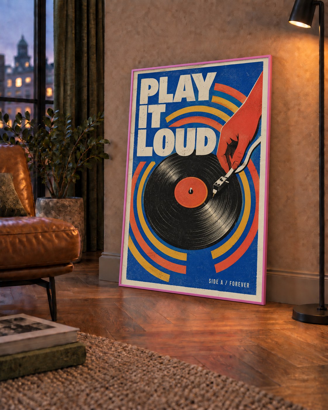 PLAY IT LOUD Retro Vinil Plak & Müzik Temalı Poster — çerçeveli hâliyle bir ev duvarında