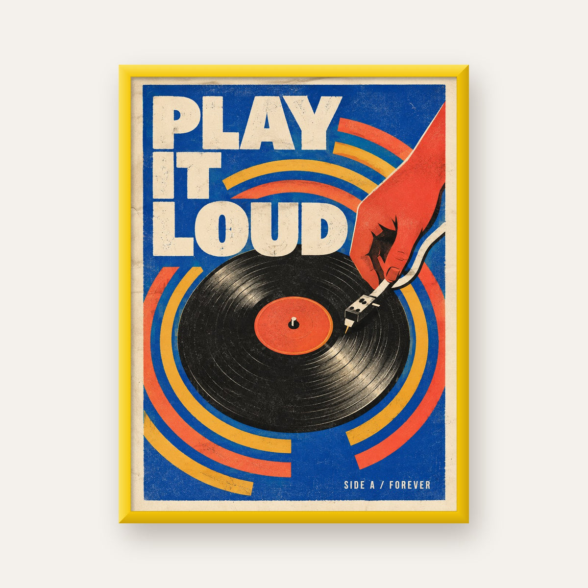 PLAY IT LOUD Retro Vinil Plak & Müzik Temalı Poster — sarı çerçeveli