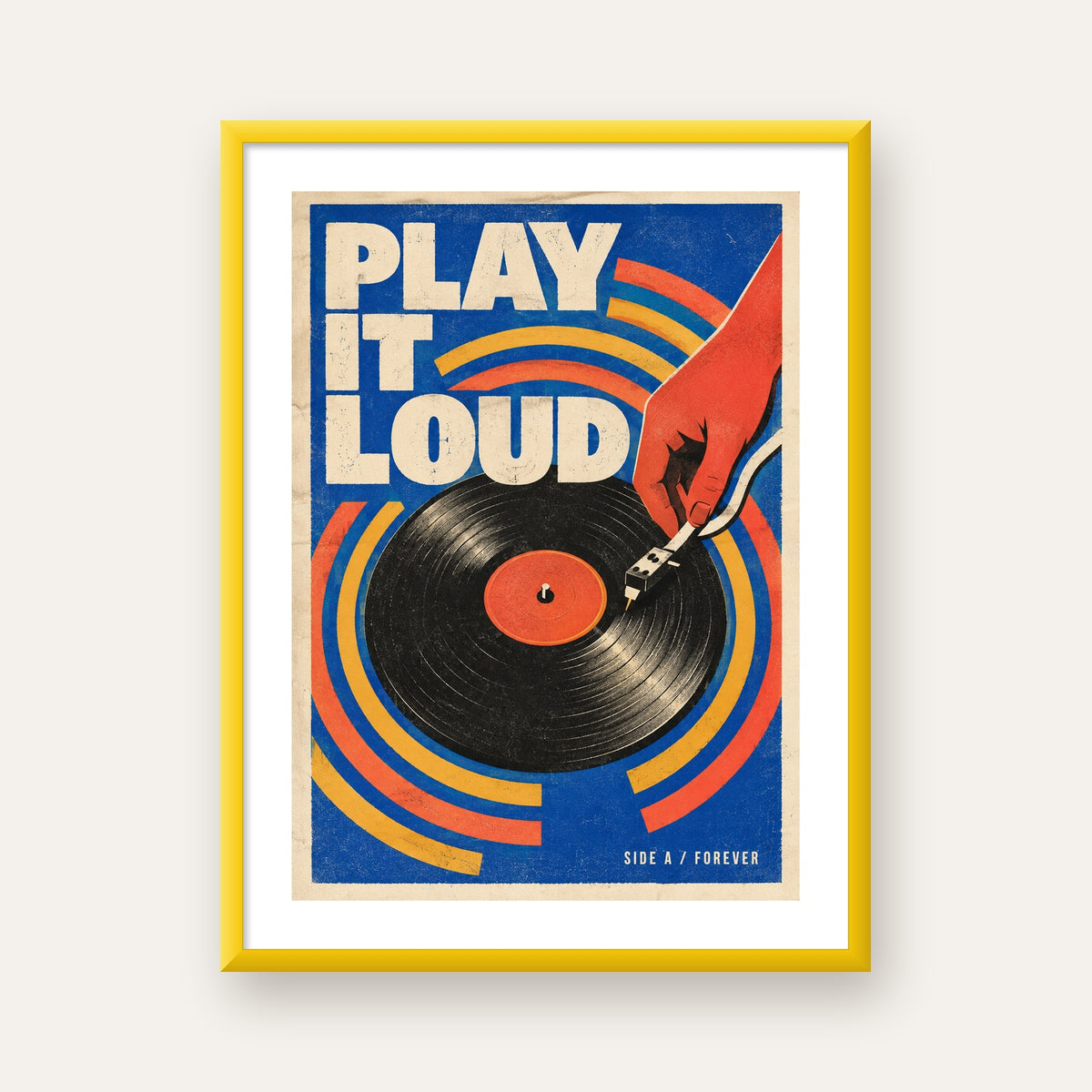 PLAY IT LOUD Retro Vinil Plak & Müzik Temalı Poster — sarı çerçeveli paspartulu