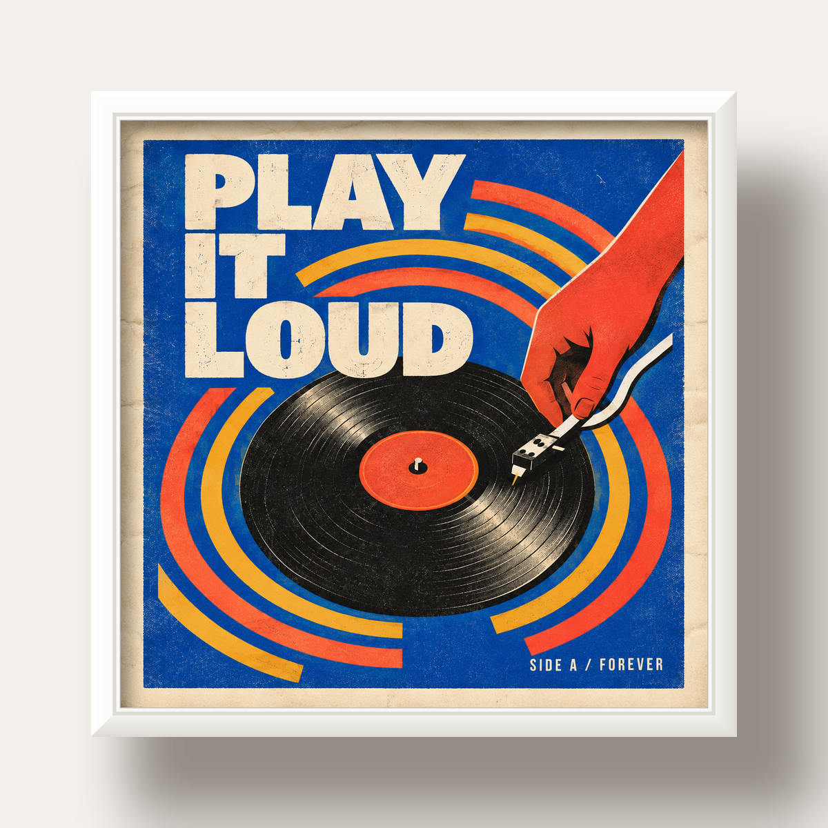 PLAY IT LOUD Retro Vinil Plak & Müzik Temalı Poster — beyaz derin çerçeveli