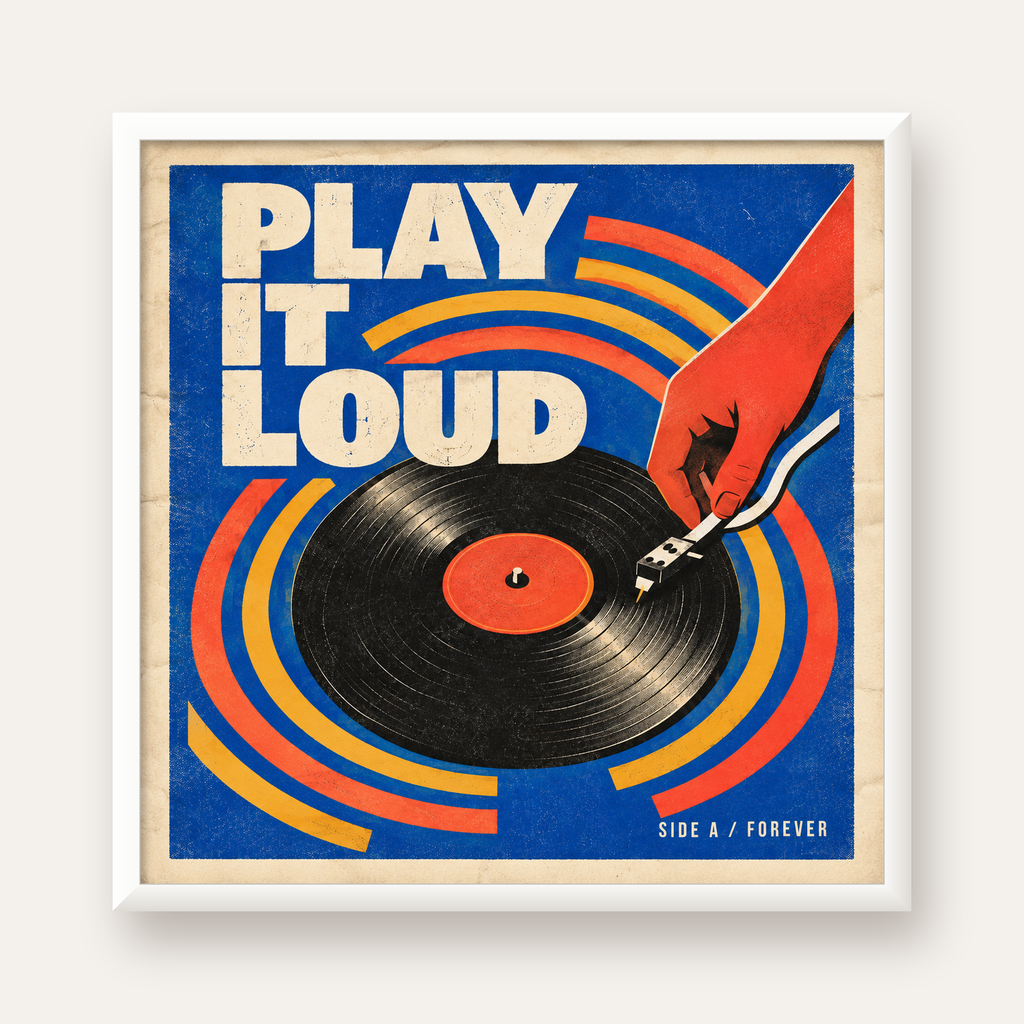 PLAY IT LOUD Retro Vinil Plak & Müzik Temalı Poster — beyaz çerçeveli kare poster