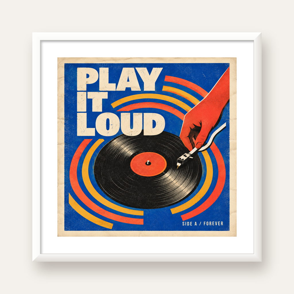 PLAY IT LOUD Retro Vinil Plak & Müzik Temalı Poster — beyaz çerçeveli kare poster