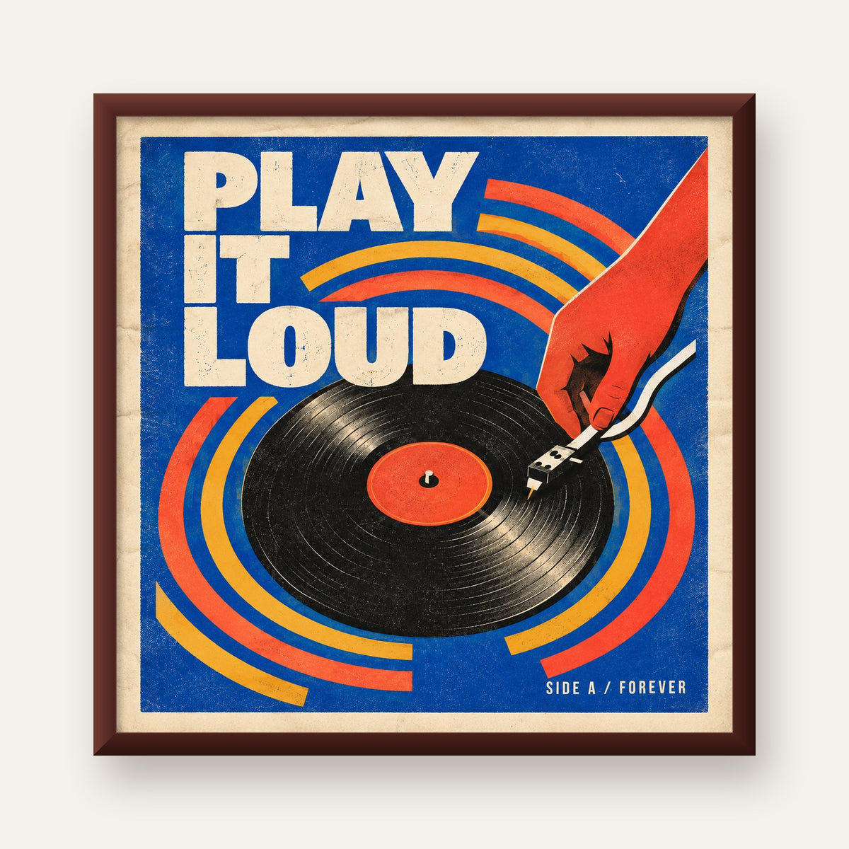 PLAY IT LOUD Retro Vinil Plak & Müzik Temalı Poster — ceviz çerçeveli