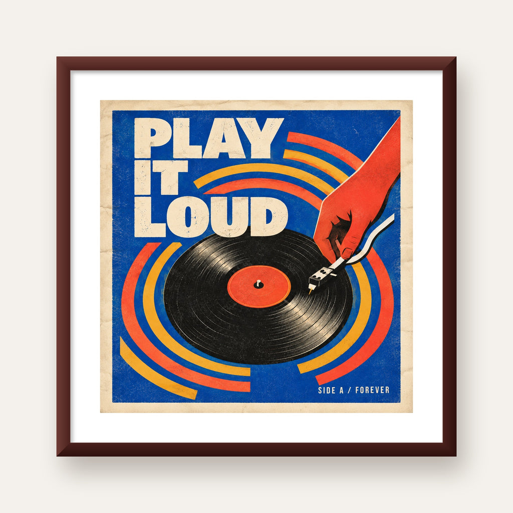 PLAY IT LOUD Retro Vinil Plak & Müzik Temalı Poster — ceviz çerçeveli paspartulu