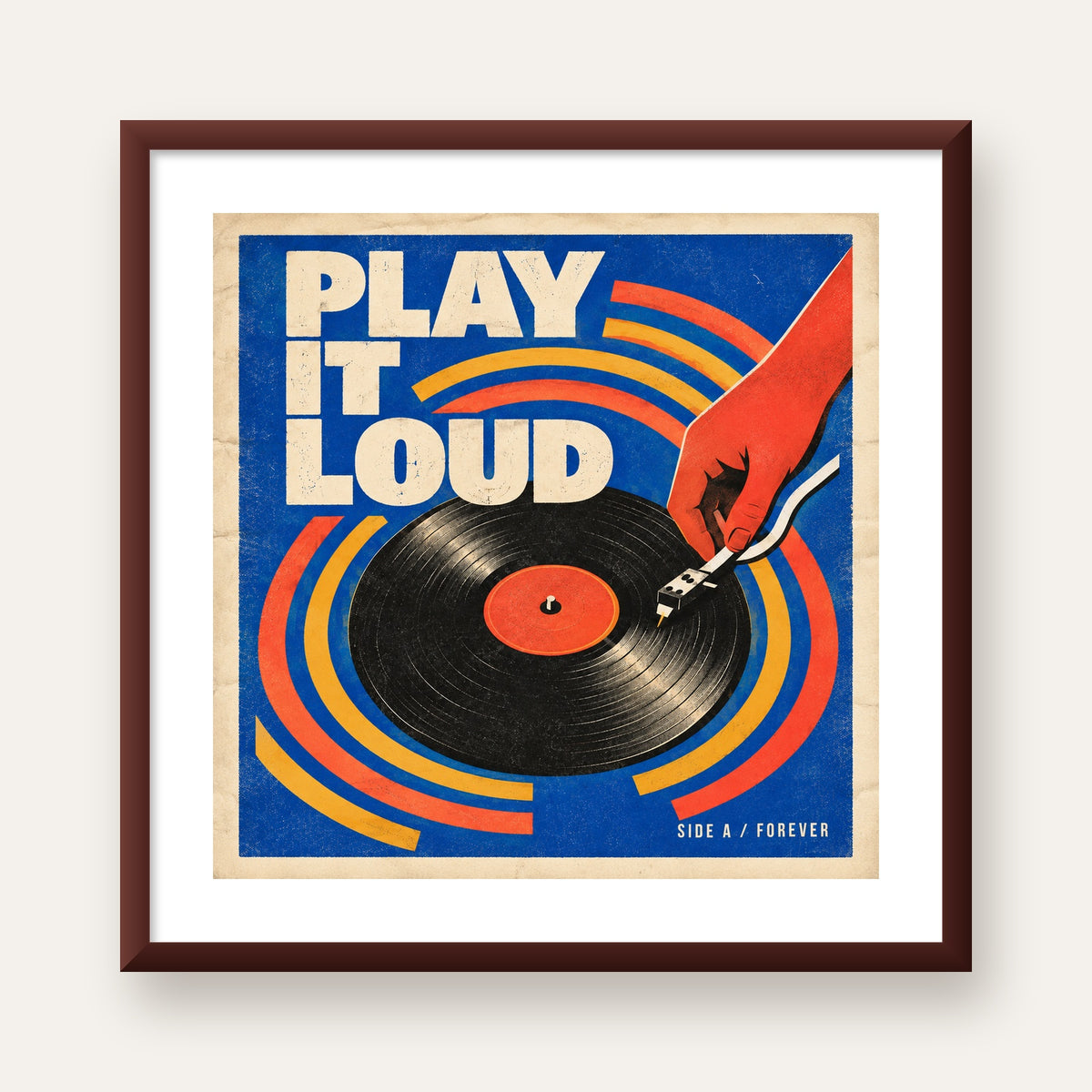 PLAY IT LOUD Retro Vinil Plak & Müzik Temalı Poster — ceviz çerçeveli paspartulu