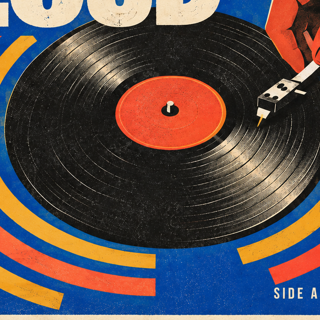 PLAY IT LOUD Retro Vinil Plak & Müzik Temalı Poster — baskının yakın çekimi, kâğıt dokusu ve renk detayı