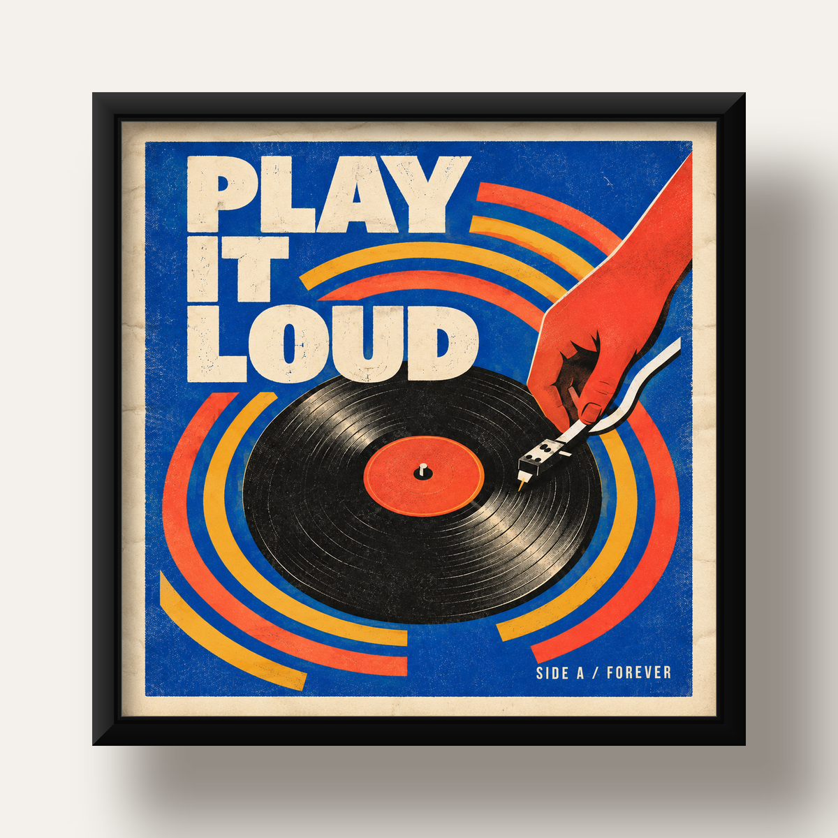 PLAY IT LOUD Retro Vinil Plak & Müzik Temalı Poster — siyah derin çerçeveli