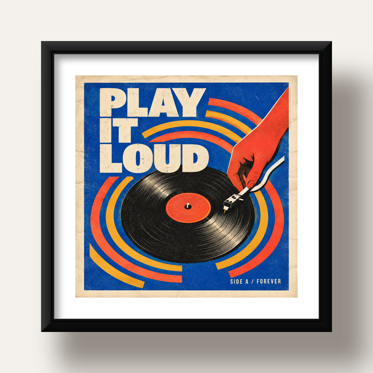 PLAY IT LOUD Retro Vinil Plak & Müzik Temalı Poster — siyah derin çerçeveli paspartulu