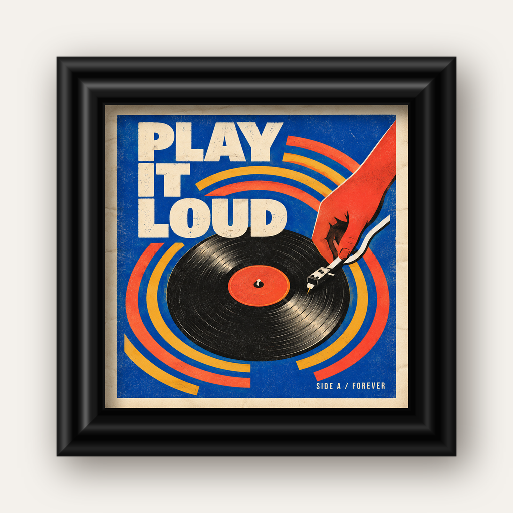 PLAY IT LOUD Retro Vinil Plak & Müzik Temalı Poster — siyah galeri çerçeveli