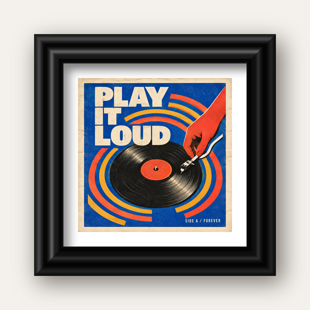 PLAY IT LOUD Retro Vinil Plak & Müzik Temalı Poster — siyah galeri çerçeveli paspartulu