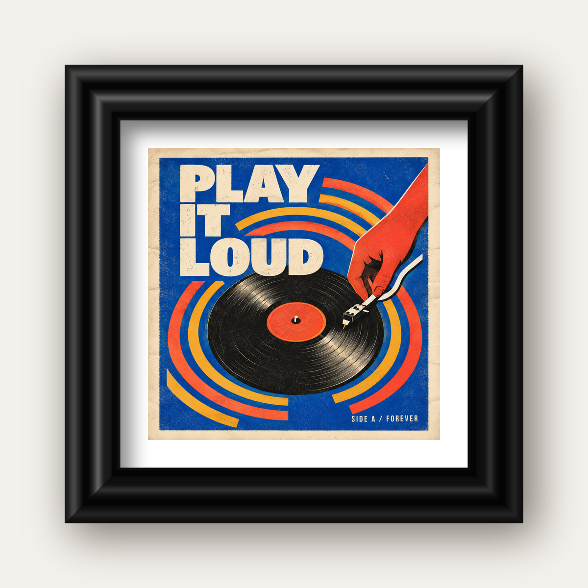 PLAY IT LOUD Retro Vinil Plak & Müzik Temalı Poster — siyah galeri çerçeveli paspartulu