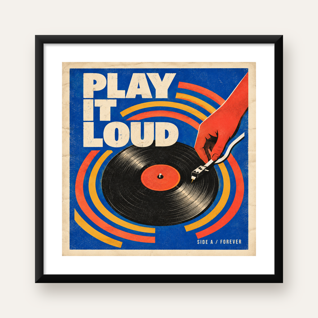 PLAY IT LOUD Retro Vinil Plak & Müzik Temalı Poster — Kare baskı, beyaz paspartulu