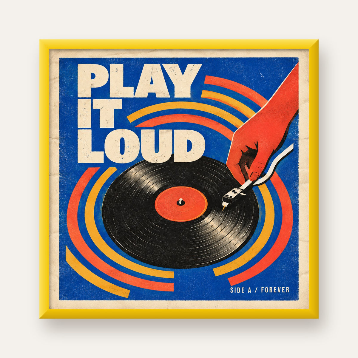 PLAY IT LOUD Retro Vinil Plak & Müzik Temalı Poster — sarı çerçeveli