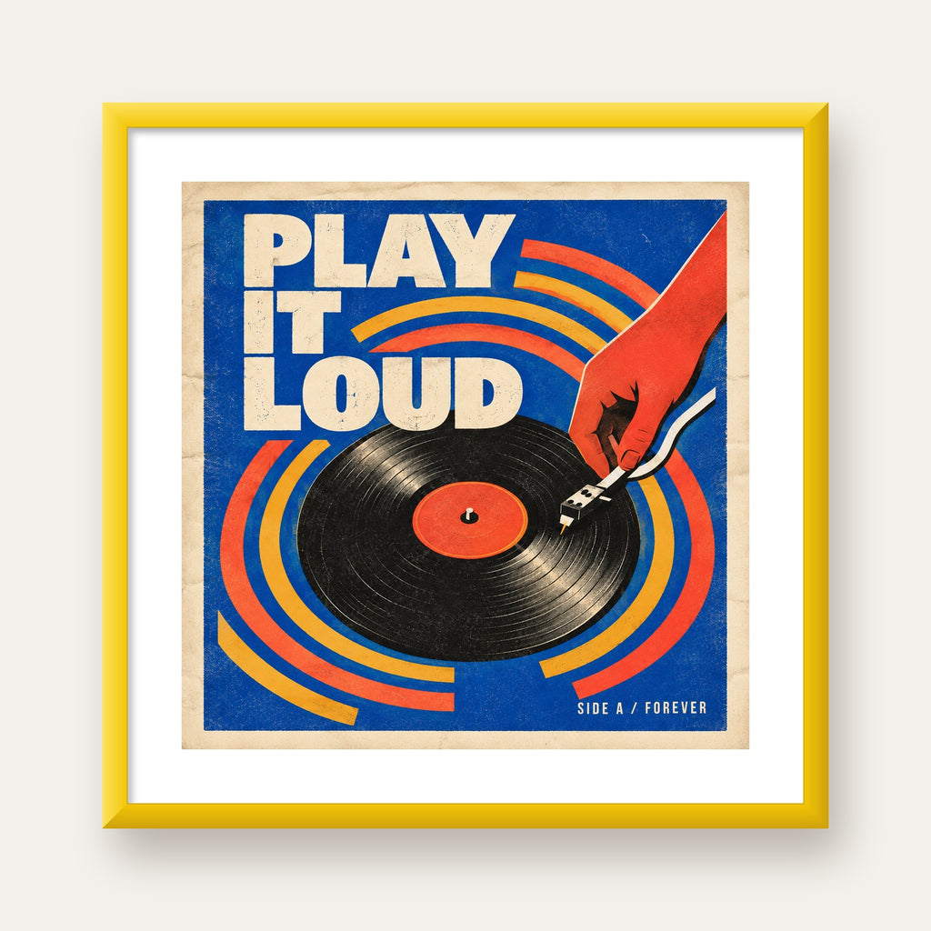 PLAY IT LOUD Retro Vinil Plak & Müzik Temalı Poster — sarı çerçeveli paspartulu
