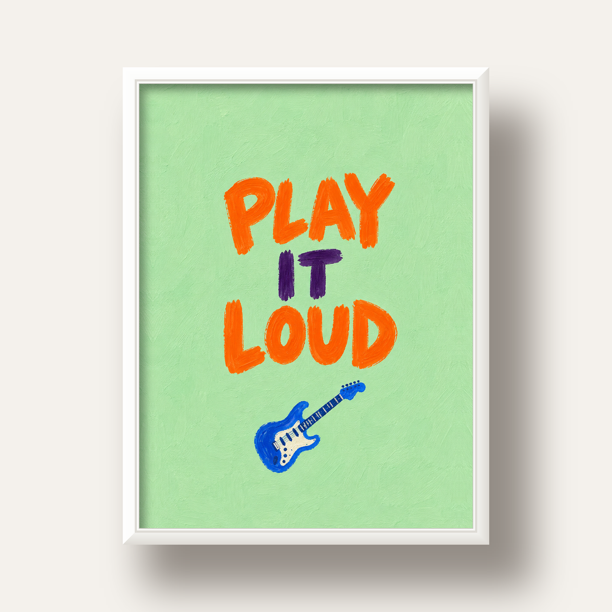 PLAY LOUD Elektrik Gitar Poster – Renkli ve Canlı Duvar Sanatı — beyaz derin çerçeveli