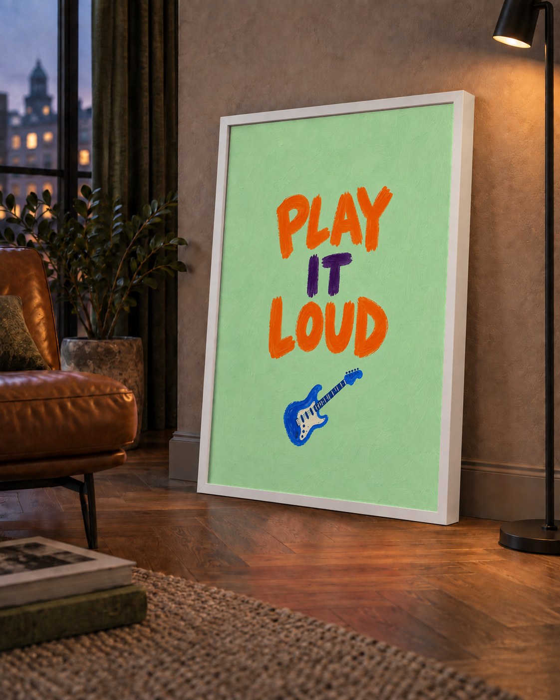 PLAY LOUD Elektrik Gitar Poster – Renkli ve Canlı Duvar Sanatı — çerçeveli hâliyle bir ev duvarında