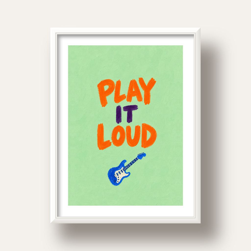 PLAY LOUD Elektrik Gitar Poster – Renkli ve Canlı Duvar Sanatı — beyaz derin çerçeveli paspartulu