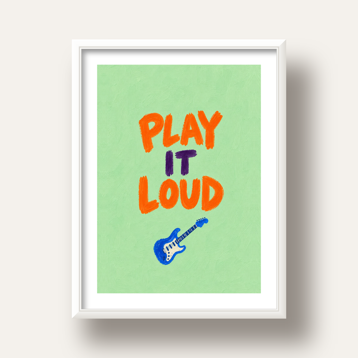 PLAY LOUD Elektrik Gitar Poster – Renkli ve Canlı Duvar Sanatı — beyaz derin çerçeveli paspartulu