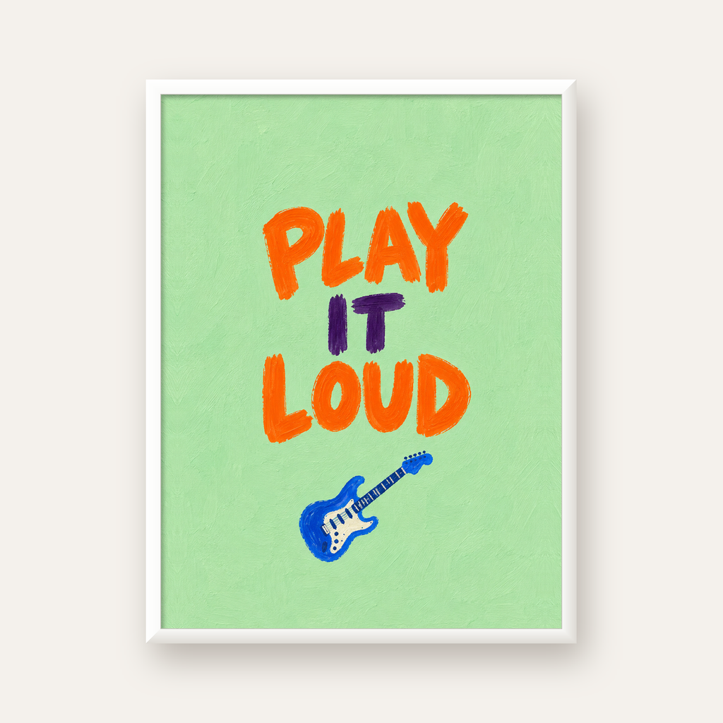 PLAY LOUD Elektrik Gitar Poster – Renkli ve Canlı Duvar Sanatı — beyaz çerçeveli dikey poster