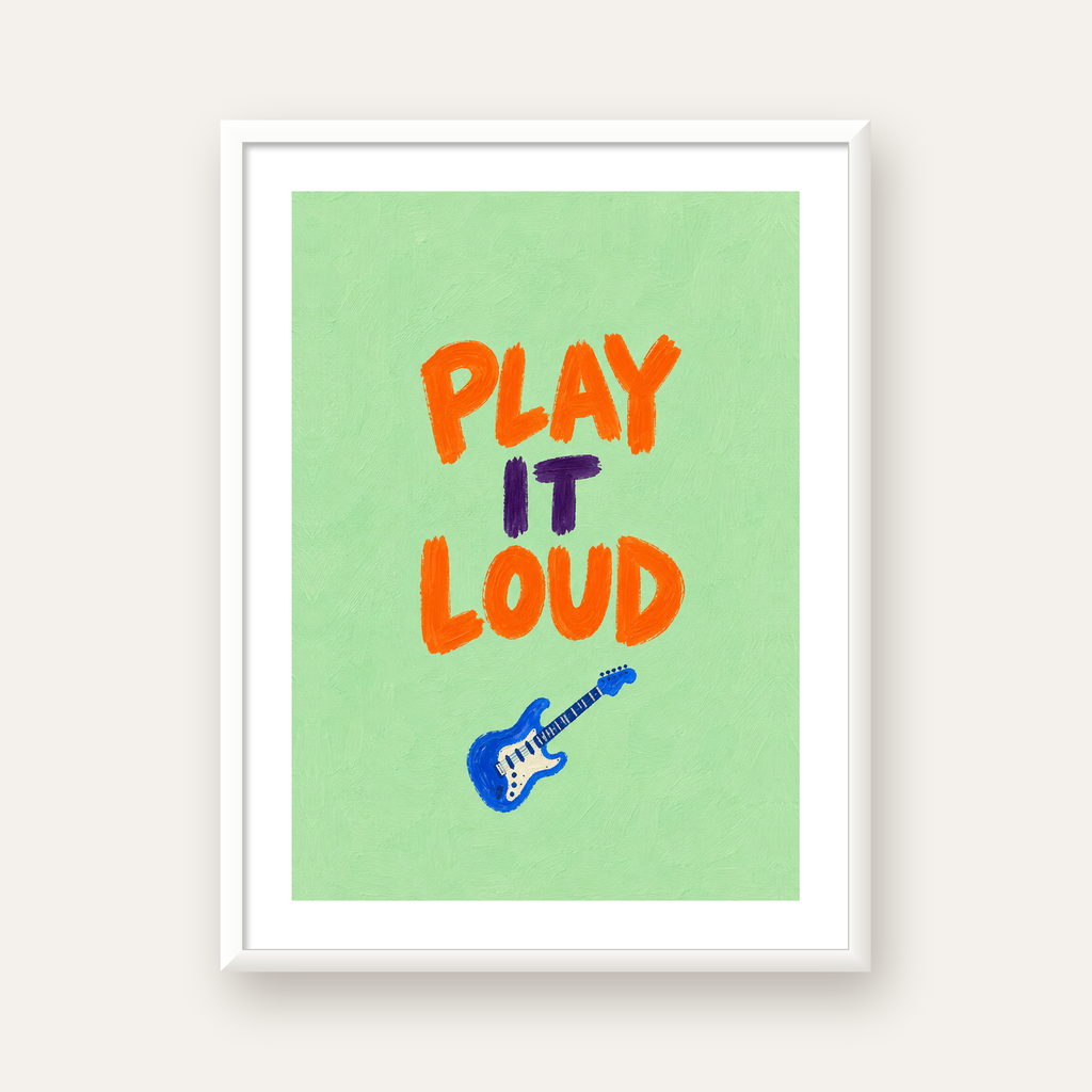 PLAY LOUD Elektrik Gitar Poster – Renkli ve Canlı Duvar Sanatı — beyaz çerçeveli dikey poster