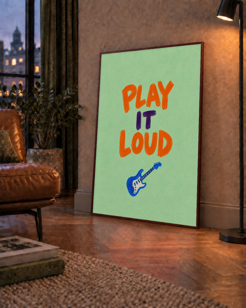 PLAY LOUD Elektrik Gitar Poster – Renkli ve Canlı Duvar Sanatı — çerçeveli hâliyle bir ev duvarında
