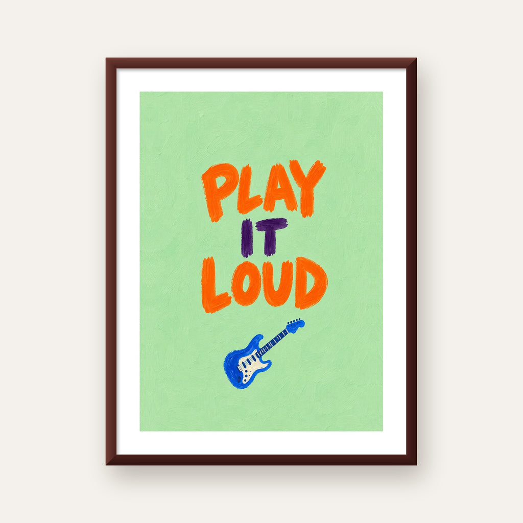 PLAY LOUD Elektrik Gitar Poster – Renkli ve Canlı Duvar Sanatı — ceviz çerçeveli paspartulu