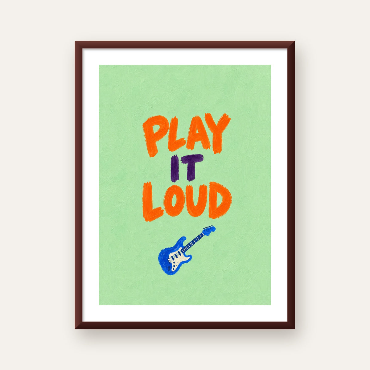 PLAY LOUD Elektrik Gitar Poster – Renkli ve Canlı Duvar Sanatı — ceviz çerçeveli paspartulu