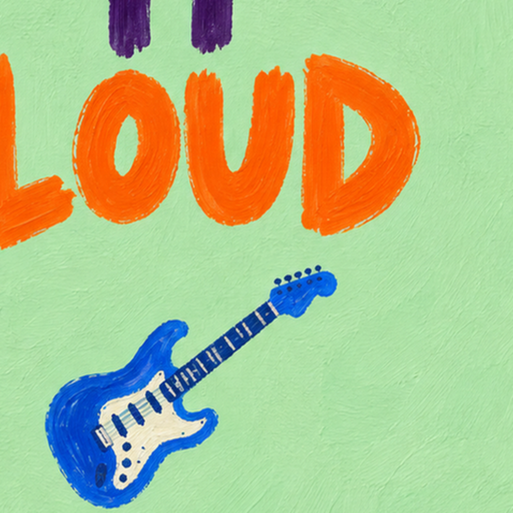 PLAY IT LOUD Elektrik Gitar Temalı Poster – Motive Edici Duvar Dekoru — baskının yakın çekimi, kâğıt dokusu ve renk detayı