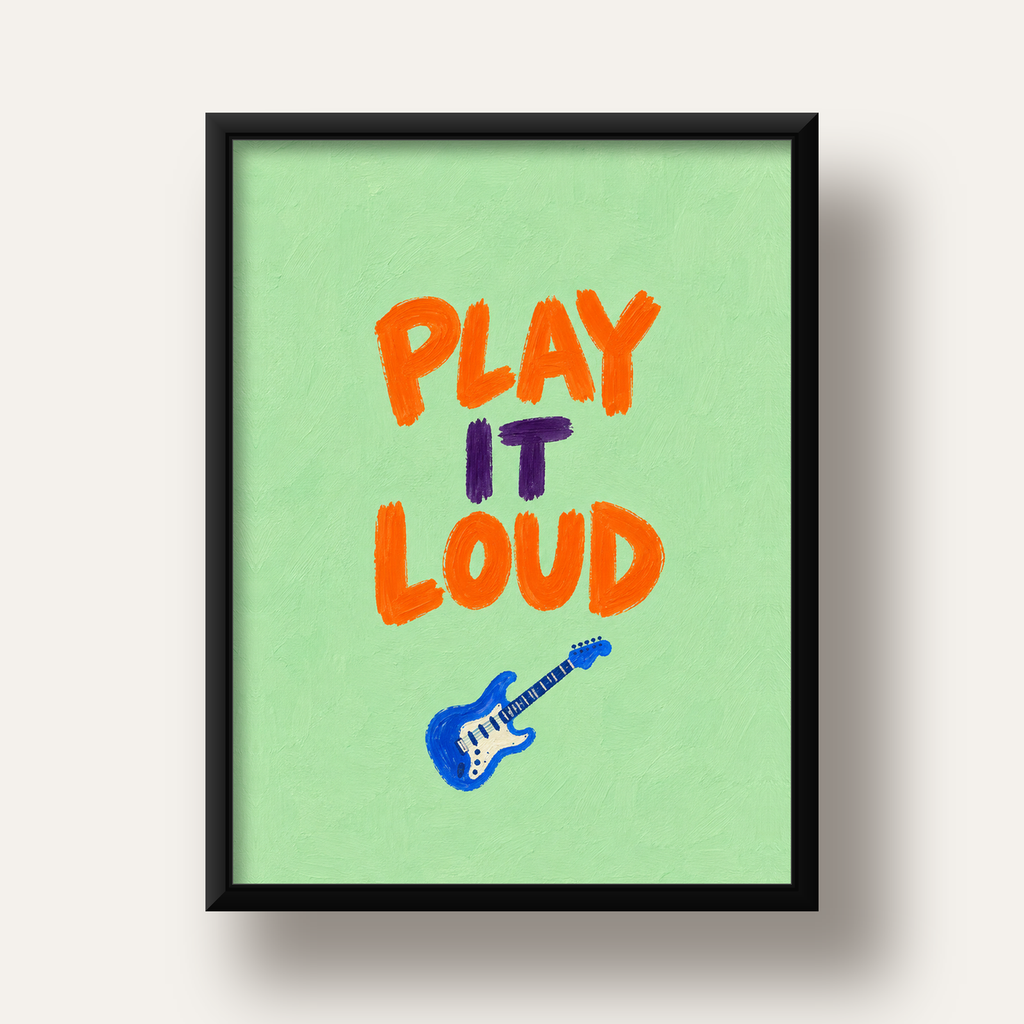 PLAY LOUD Elektrik Gitar Poster – Renkli ve Canlı Duvar Sanatı — siyah derin çerçeveli