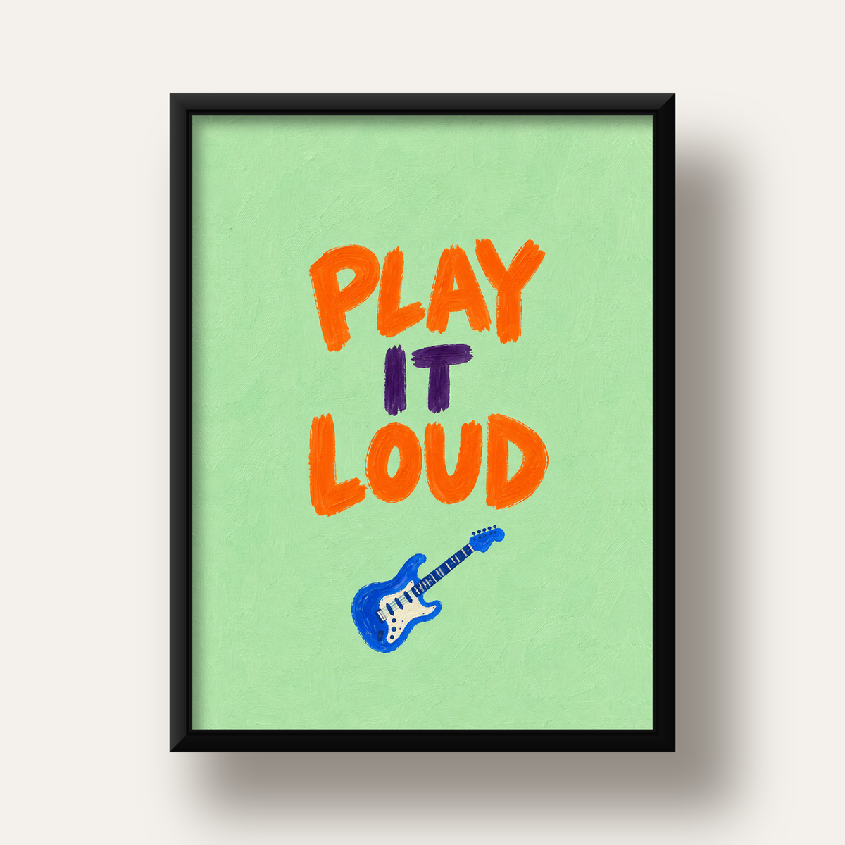 PLAY LOUD Elektrik Gitar Poster – Renkli ve Canlı Duvar Sanatı — siyah derin çerçeveli