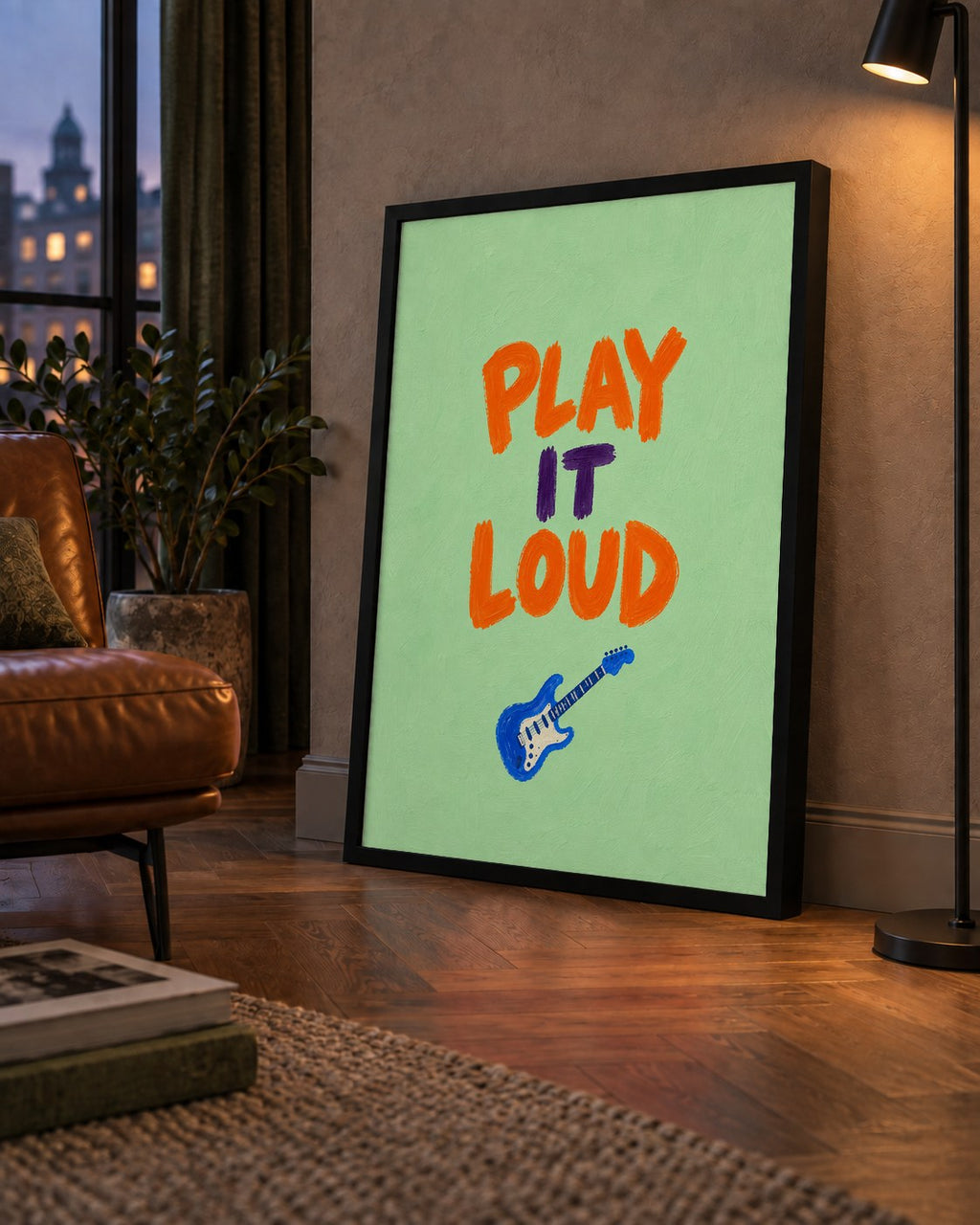 PLAY LOUD Elektrik Gitar Poster – Renkli ve Canlı Duvar Sanatı — çerçeveli hâliyle bir ev duvarında