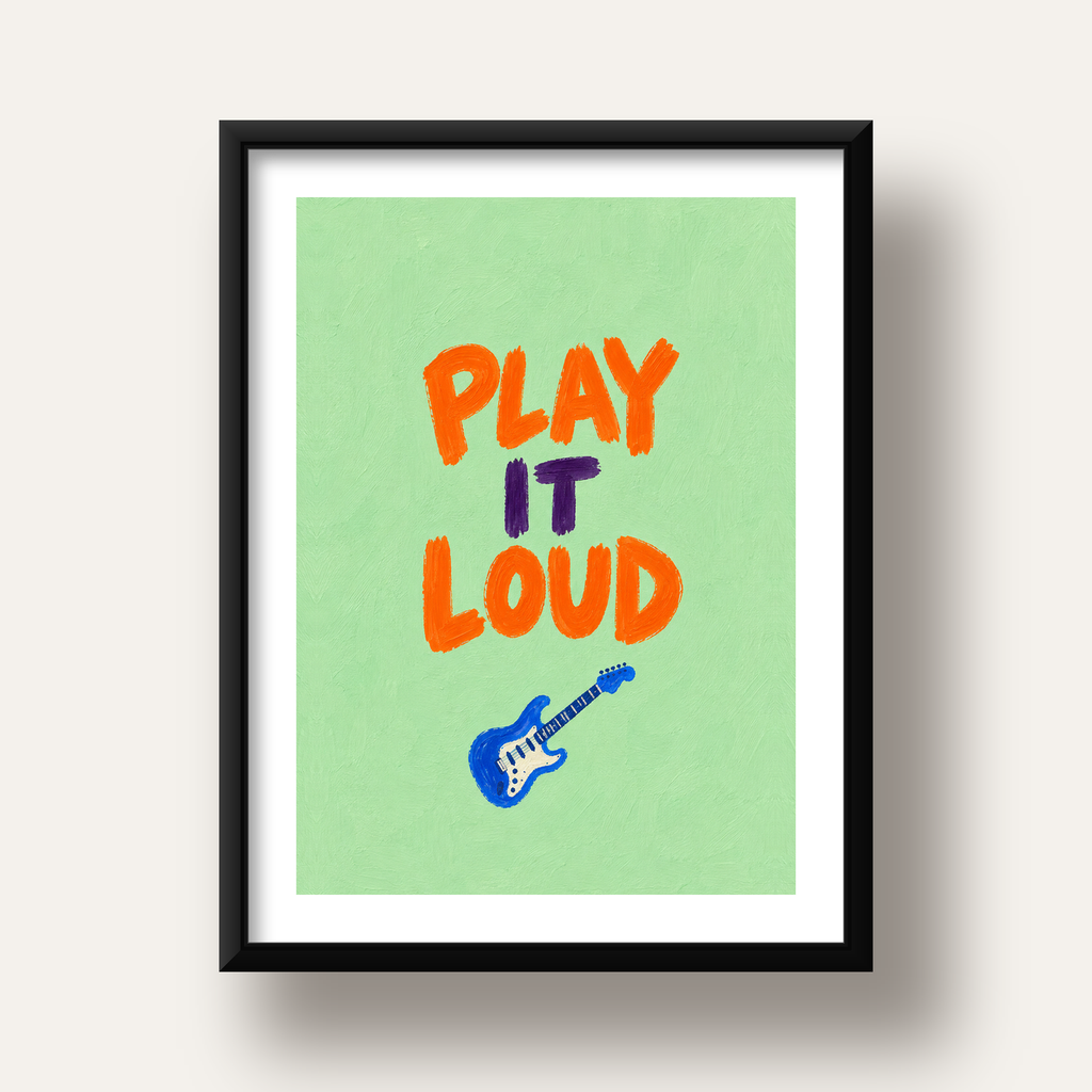 PLAY LOUD Elektrik Gitar Poster – Renkli ve Canlı Duvar Sanatı — siyah derin çerçeveli paspartulu