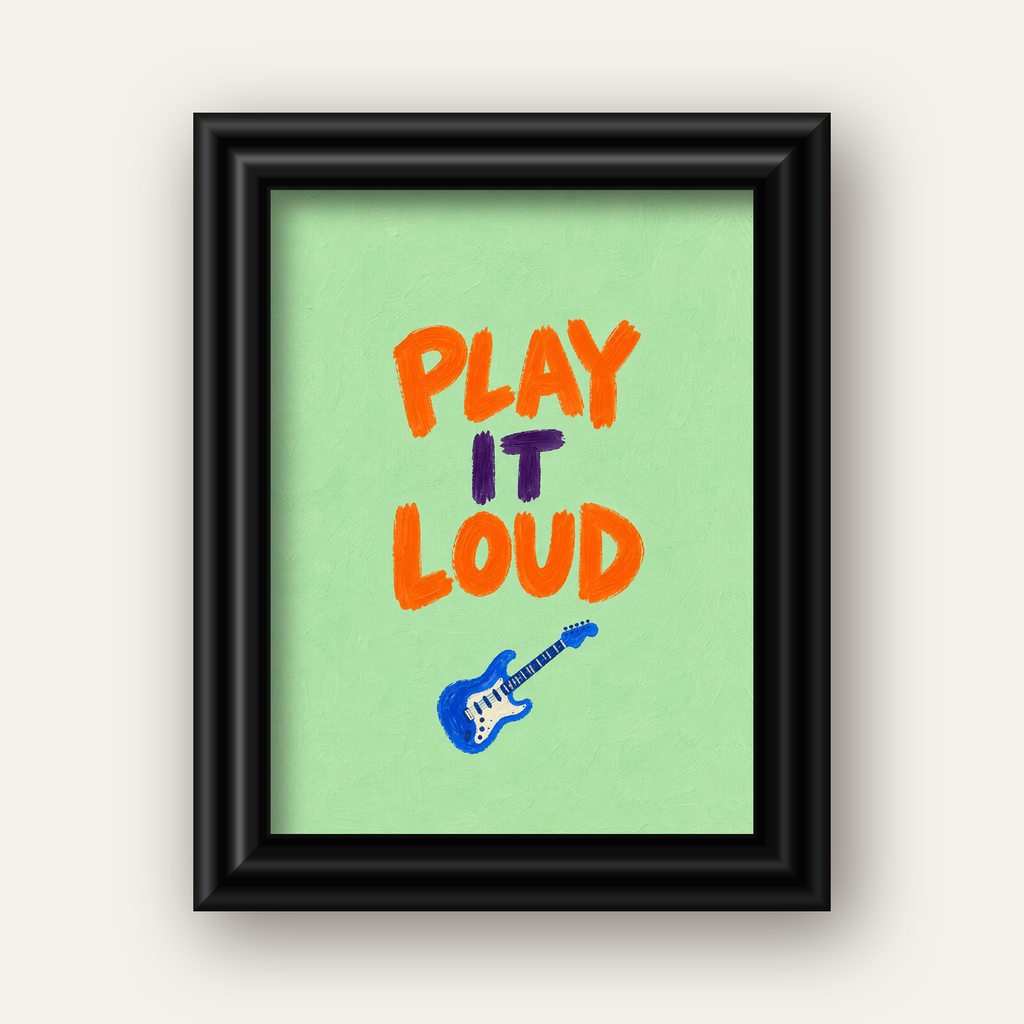 PLAY LOUD Elektrik Gitar Poster – Renkli ve Canlı Duvar Sanatı — siyah galeri çerçeveli