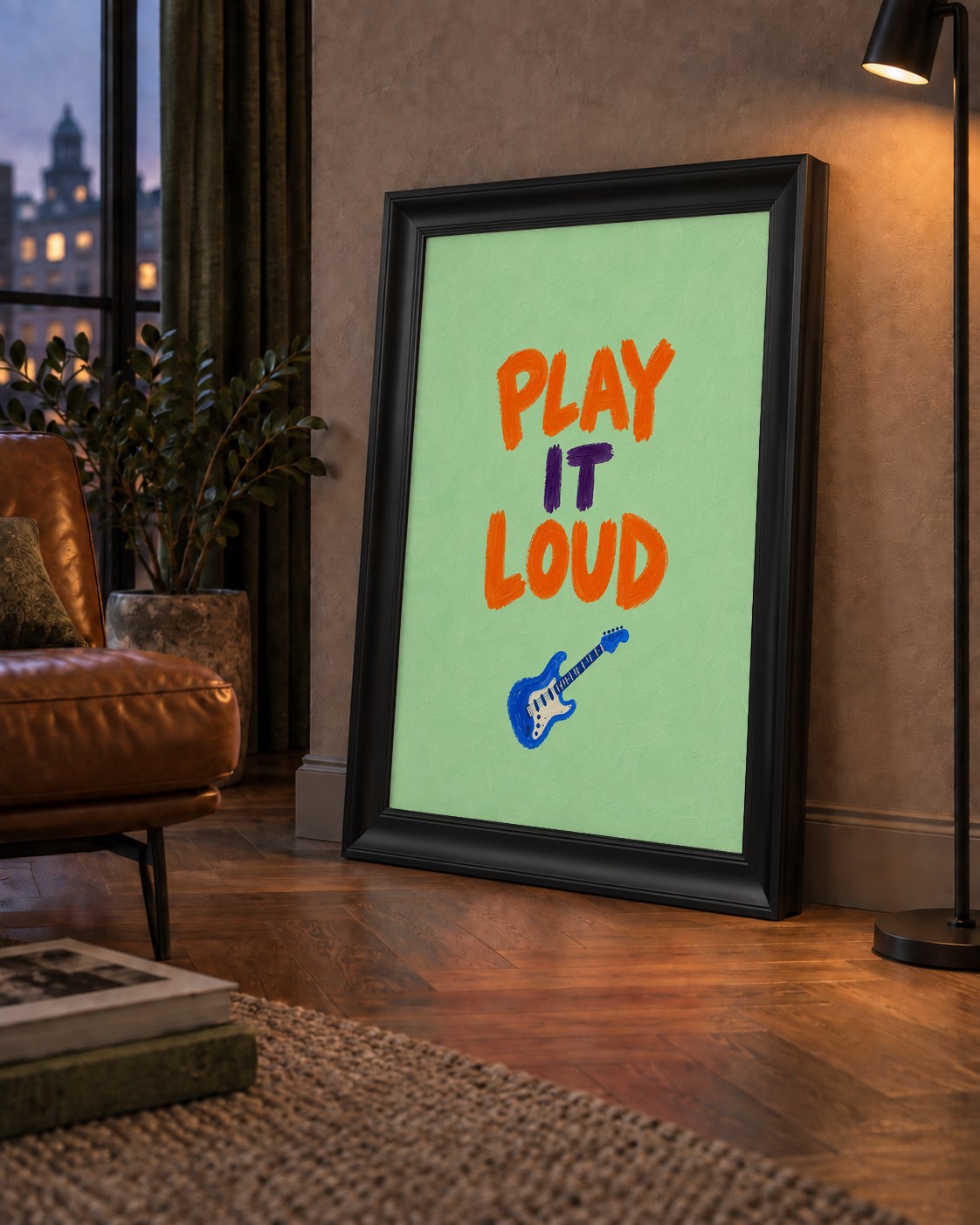 PLAY LOUD Elektrik Gitar Poster – Renkli ve Canlı Duvar Sanatı — çerçeveli hâliyle bir ev duvarında
