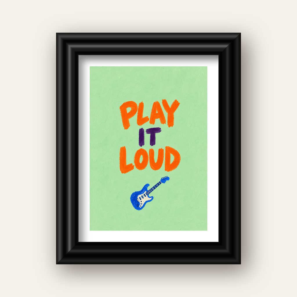 PLAY LOUD Elektrik Gitar Poster – Renkli ve Canlı Duvar Sanatı — siyah galeri çerçeveli paspartulu