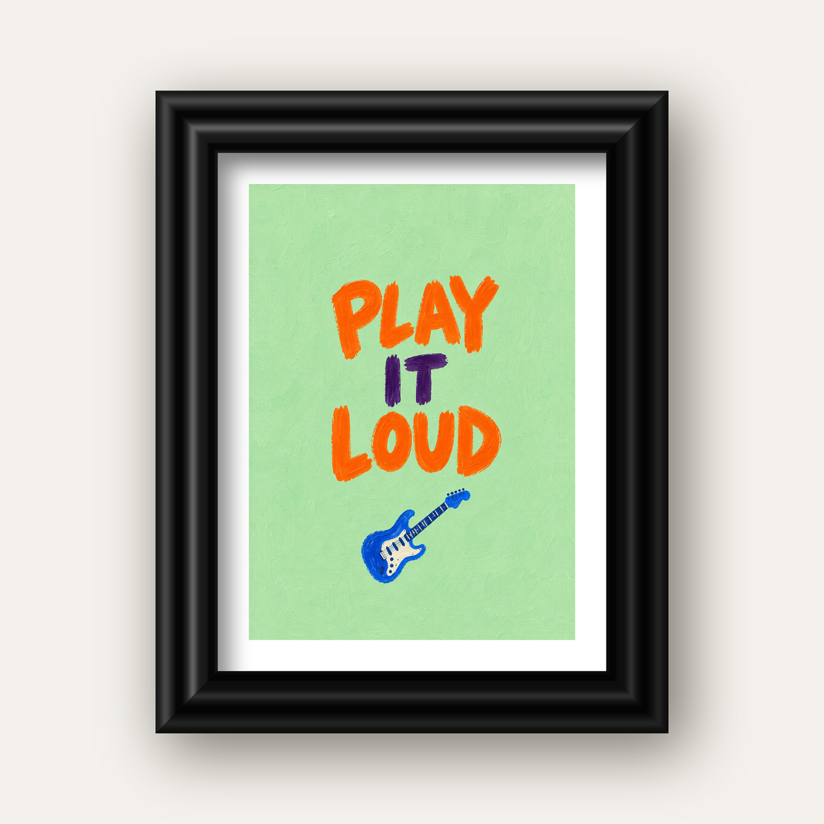 PLAY LOUD Elektrik Gitar Poster – Renkli ve Canlı Duvar Sanatı — siyah galeri çerçeveli paspartulu
