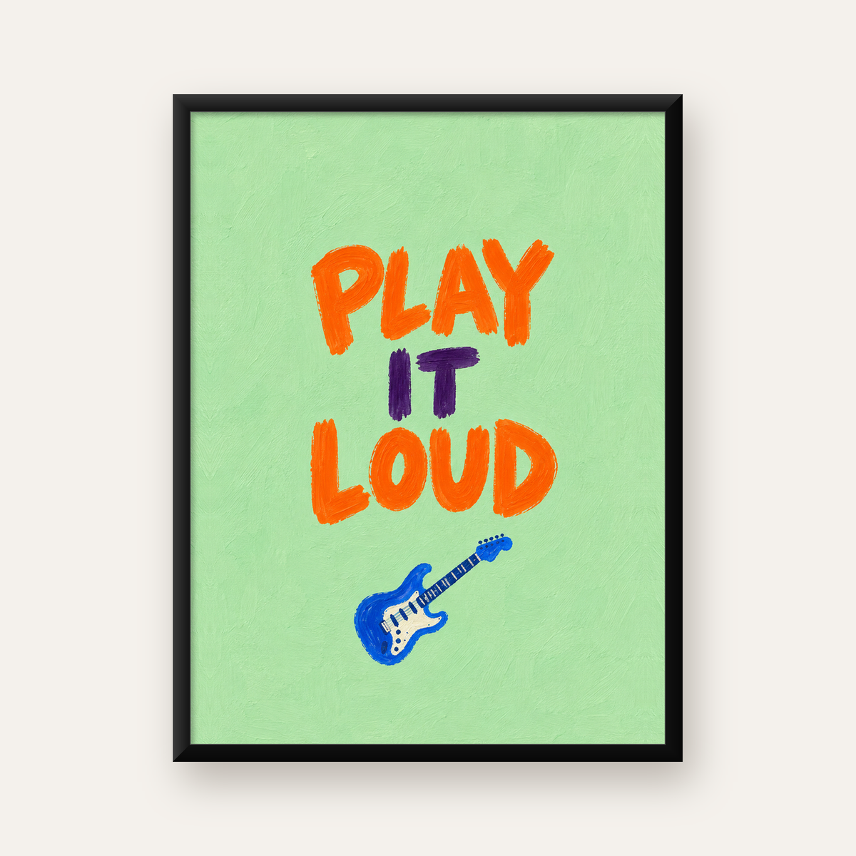 PLAY IT LOUD Elektrik Gitar Temalı Poster – Motive Edici Duvar Dekoru — Dikey baskı, düz siyah çerçeveli duvar posteri