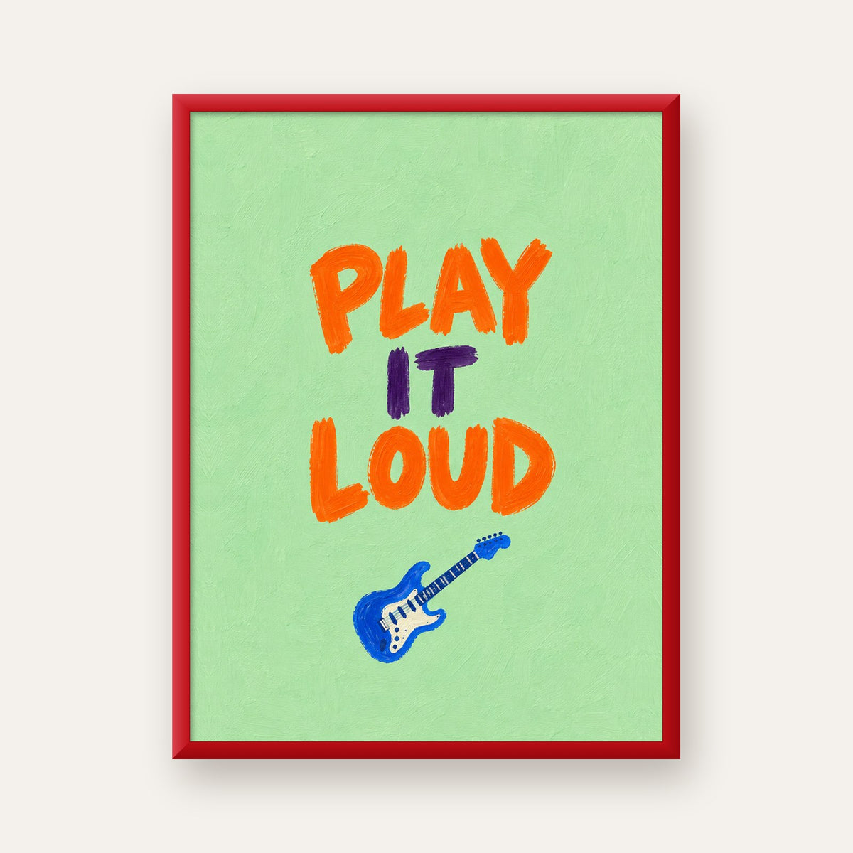PLAY LOUD Elektrik Gitar Poster – Renkli ve Canlı Duvar Sanatı — kırmızı çerçeveli