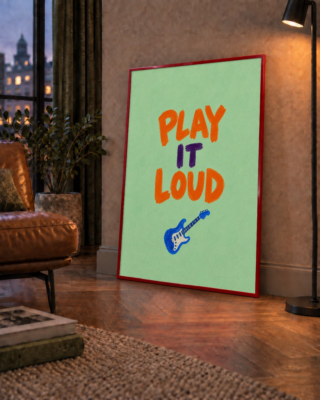 PLAY LOUD Elektrik Gitar Poster – Renkli ve Canlı Duvar Sanatı — çerçeveli hâliyle bir ev duvarında