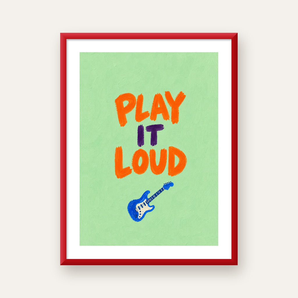 PLAY LOUD Elektrik Gitar Poster – Renkli ve Canlı Duvar Sanatı — kırmızı çerçeveli paspartulu
