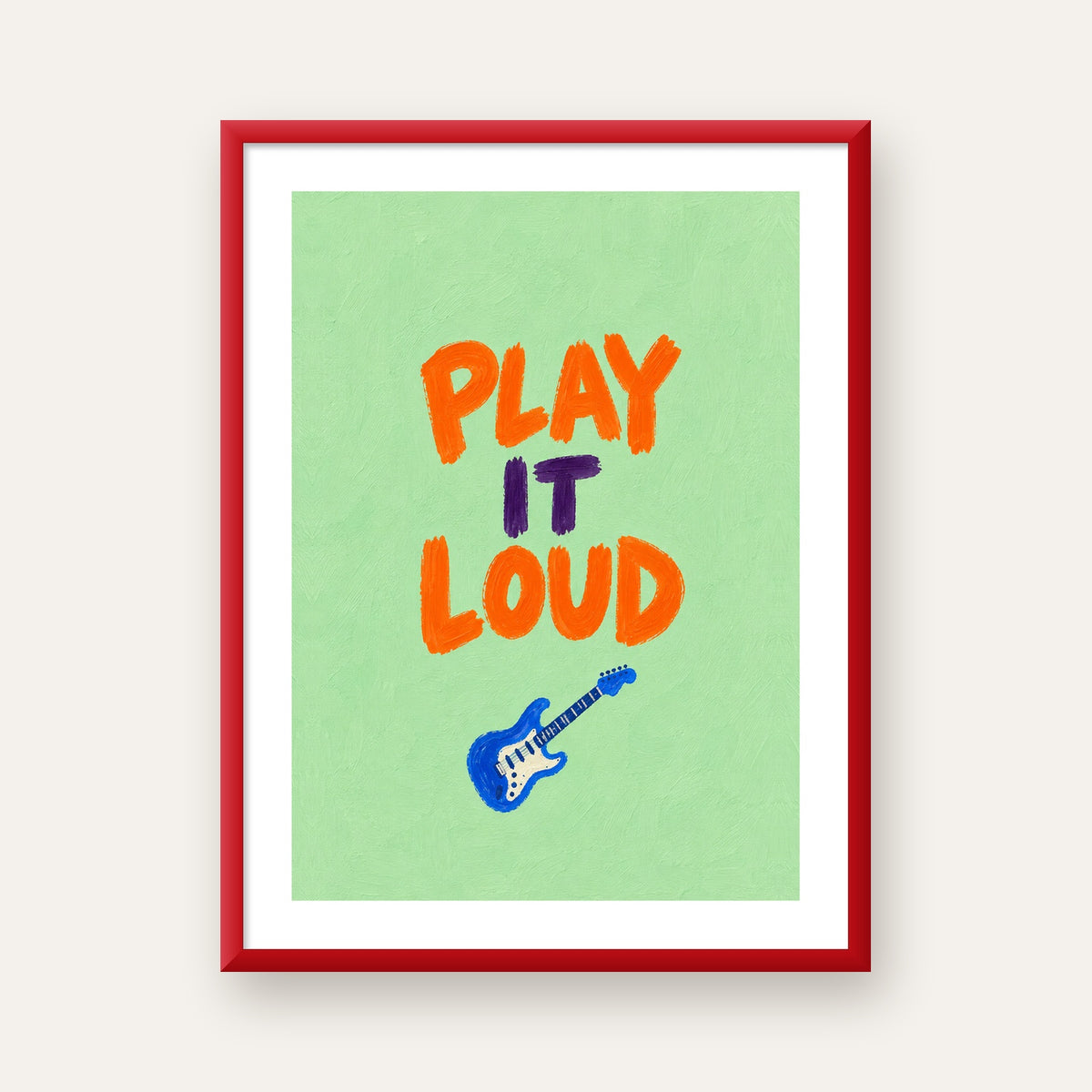 PLAY LOUD Elektrik Gitar Poster – Renkli ve Canlı Duvar Sanatı — kırmızı çerçeveli paspartulu