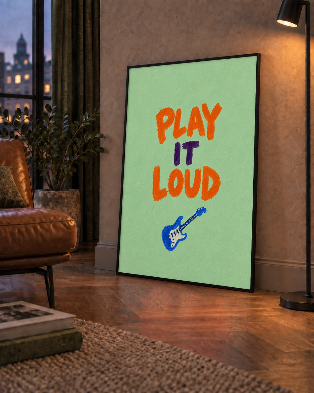 PLAY LOUD Elektrik Gitar Poster – Renkli ve Canlı Duvar Sanatı — çerçeveli hâliyle bir ev duvarında