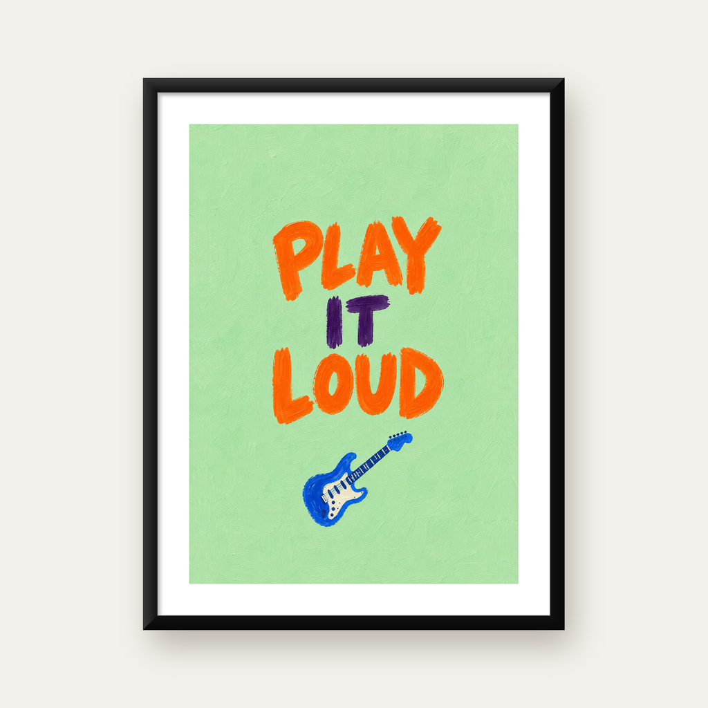 PLAY IT LOUD Elektrik Gitar Temalı Poster – Motive Edici Duvar Dekoru — Dikey baskı, beyaz kenar boşluklu