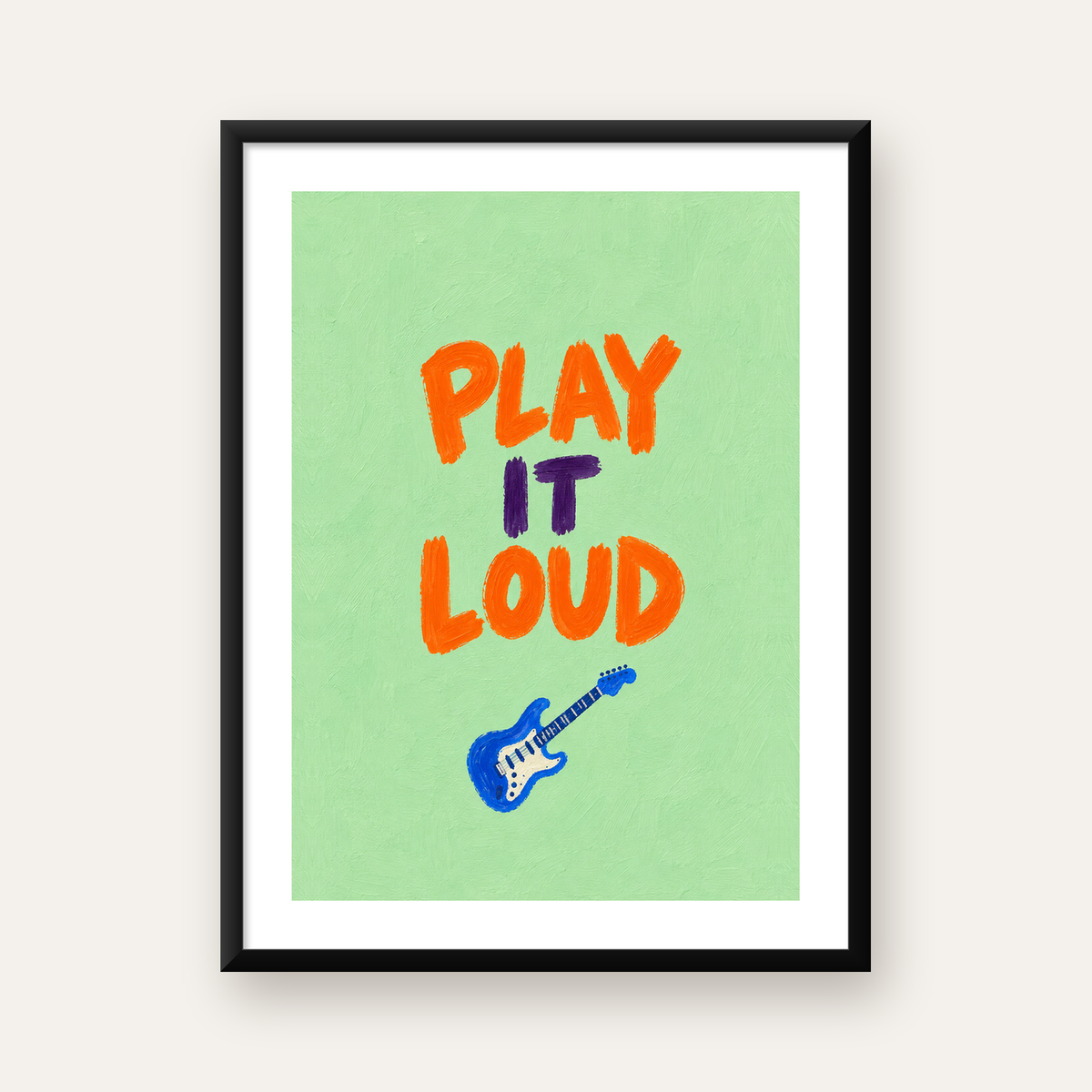 PLAY IT LOUD Elektrik Gitar Temalı Poster – Motive Edici Duvar Dekoru — Dikey baskı, beyaz kenar boşluklu