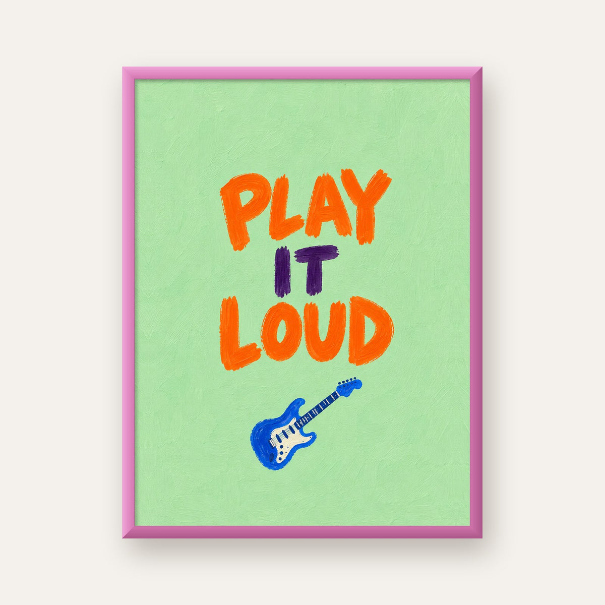 PLAY LOUD Elektrik Gitar Poster – Renkli ve Canlı Duvar Sanatı — pembe çerçeveli